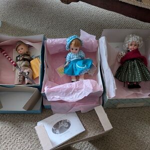 Set of Three Vintage Dolls in Blue, Green, and Brown
